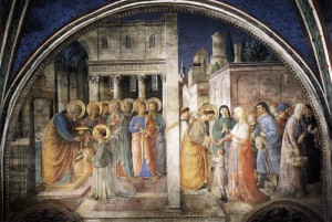 Santo Stefano riceve il diaconato e distribuisce le elemosine. Beato Angelico, Roma Cappella Niccolina