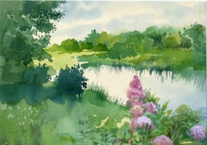 21999440 - watercolor landscape collection  near the river