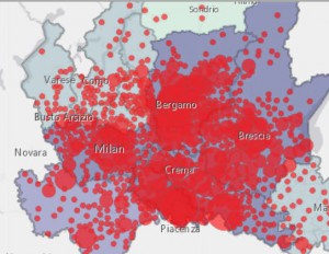 Mappa dei contagi in Lombardia al 12 marzo